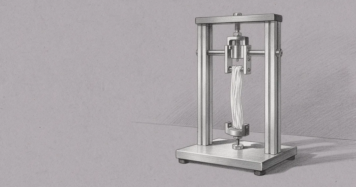 Graphite illustration of a tendon specimen held between the clamps of a mechanical testing instrument