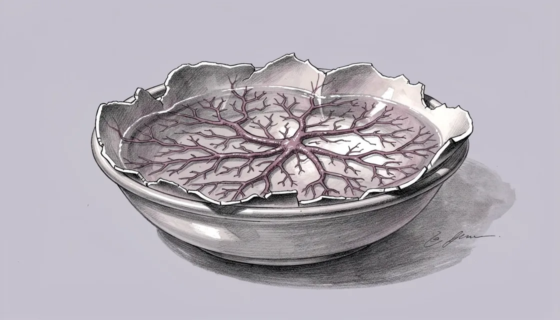 Pen and wash illustration of branching vessels spreading over a chick egg membrane